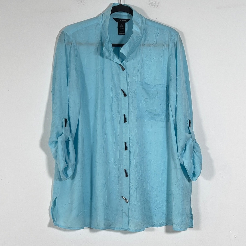 Ali Miles Wire Collar Tunic Top Womens Sz 1X Blue Crinkled Roll Tab Sleeves